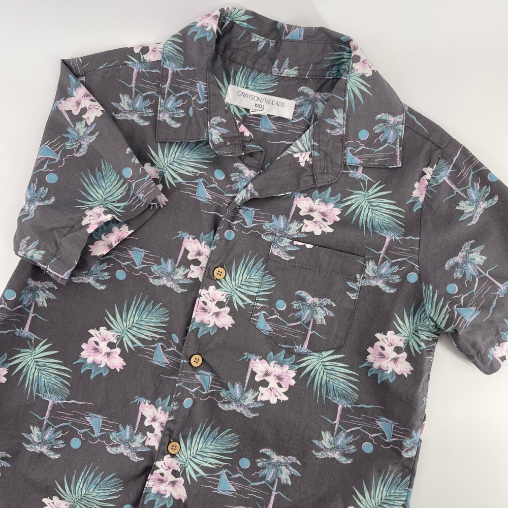 Grayson Threads Kids Hawaiian Shirt‎ Palm Tree Print Button Up Small